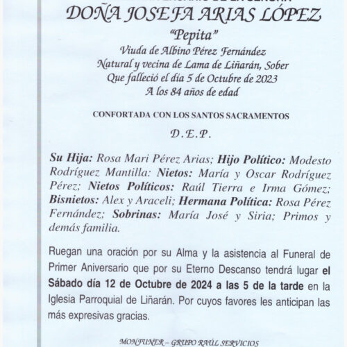 PRIMER ANIVERSARIO DE DOÑA JOSEFA ARIAS LOPEZ